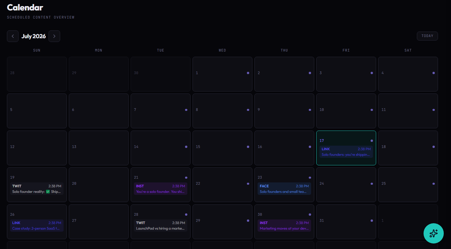 LaunchPad content calendar showing scheduled social posts across platforms